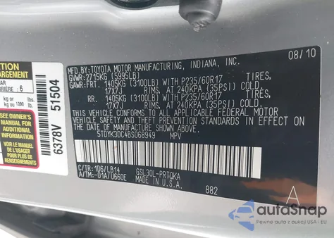 2011 Toyota Sienna Xle V6 z USA, uszkodzony, nr VIN 5TDYK3DC4BS068949